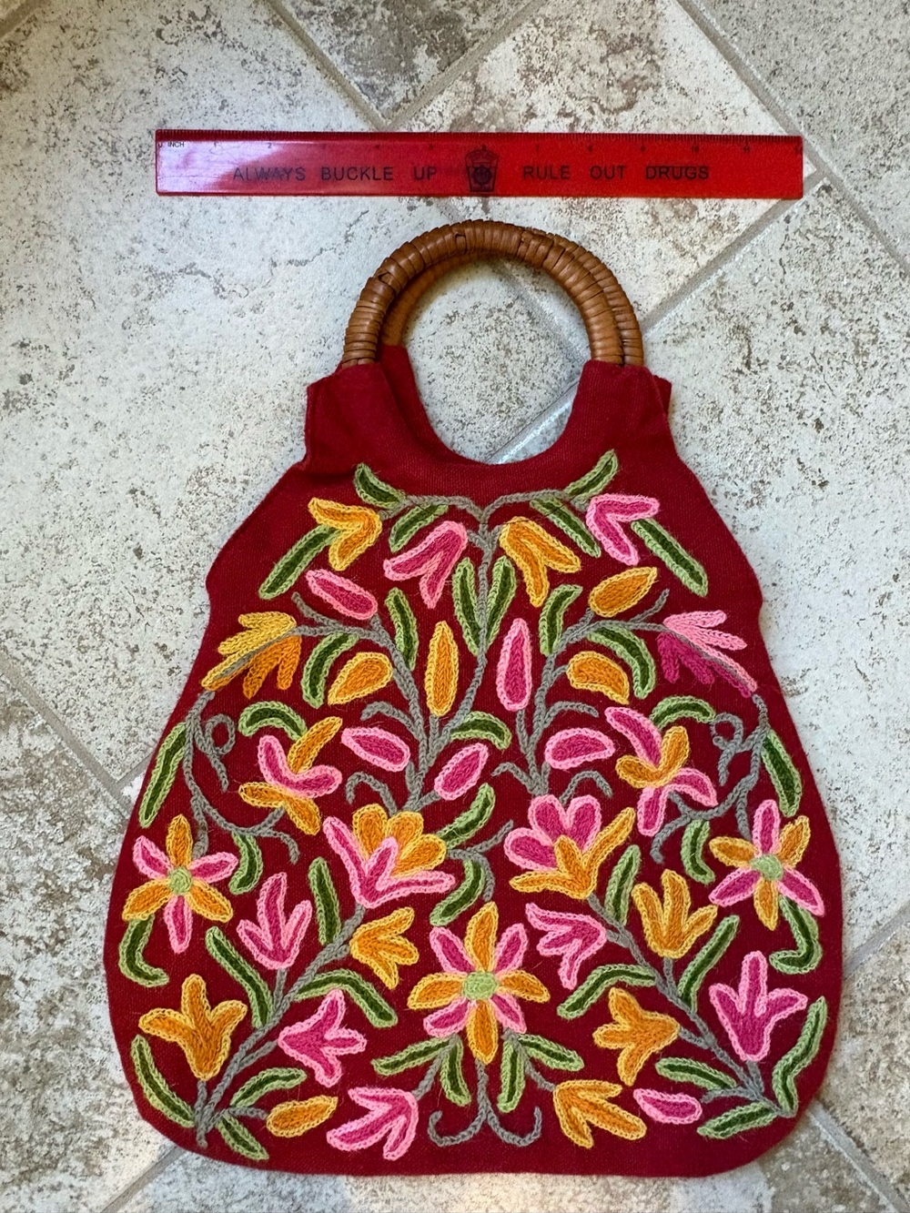 Embroidered Floral Red Tote Bag with Woven Handles